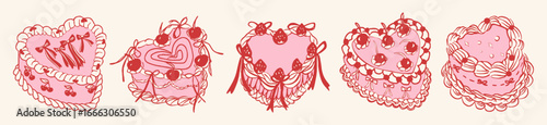 Set of Hand drawn coquette vintage heart shape cake with bows and ribbons. Cute girly illustration. Perfect for Valentines day, wedding invitation, birthday card.