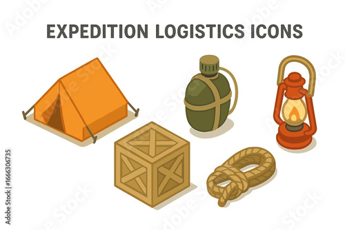 Expedition logistics icons. Isometric flat icon set of camping equipment. Adventure gear for survival, hiking. Includes tent, supply crate, water canteen, lantern, rope. Vector.