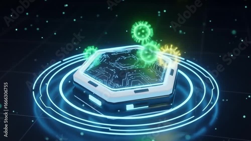 Futuristic Cute Hexagon Shield with Neon Circuit and Holographic Protection, Bouncing Neon Virus, Digital Security Concept