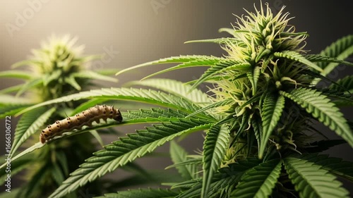 Caterpillar on Lush Green Leaves of Cannabis Plant with White Buds in Detailed Macro View Illuminated by Soft Lighting