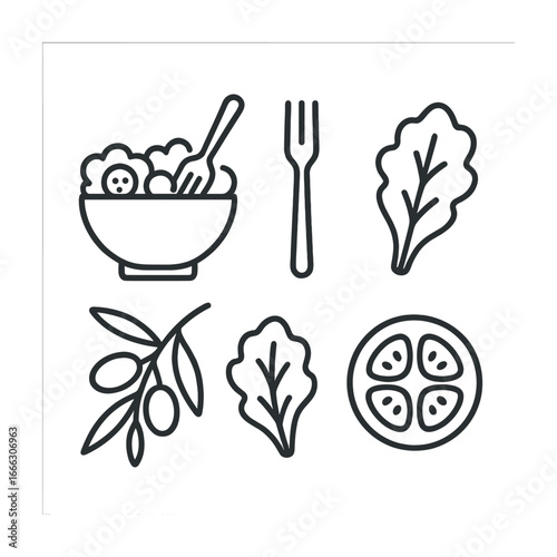 Minimalist salad icons: bowl, utensils, leafy greens, olives, and sliced tomato