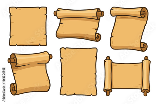 Cartoon parchment scroll set. Old paper for medieval map or message. Ancient papyrus and vintage manuscript vector illustration. Blank historical document or diploma template.