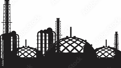 Silhouette of an industrial complex with towers and domed structures against a white background landscape |  editable eps vectors