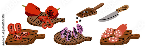 Sliced food on a wooden tray, knife, and spoon with spices. Sliced peppers, onions, tomatoes, and sausage. A variety of pizza toppings. A flat color illustration with doodle lines. Food products