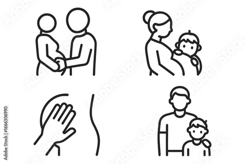 Family involvement and pregnancy vector icon set. Line art concepts of paternity, maternity, fatherhood. Father hand on belly, mother with child, parent love symbols.