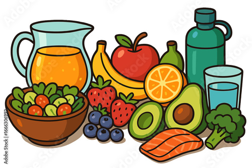 Set of healthy food for balanced diet concept. Fresh organic meal with fruits, vegetables, fish, salad, juice, water. Nutrition for wellness lifestyle. Vector illustration.