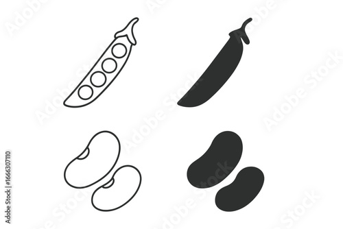 Legume and bean outline icons set. Pea pod symbol. Line and silhouette style. Vegetarian and vegan food concept. Healthy eating. Natural ingredient. Vector illustration.