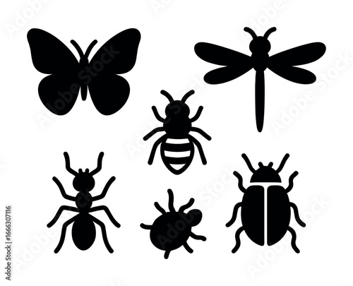 Silhouettes of insects: butterfly, dragonfly, bee, ant, tick, beetle