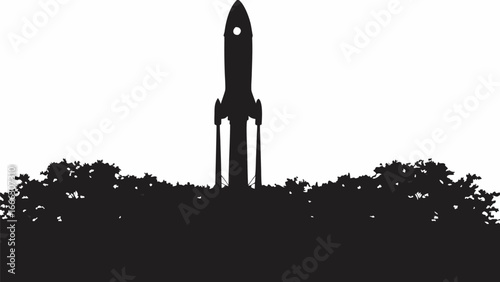 Silhouette of a rocket ready for launch surrounded by trees against a white background in vector format |  editable eps vectors