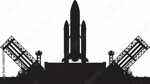 Silhouette of a space shuttle on a launchpad with support structures preparing for liftoff into outer space |  editable eps vectors