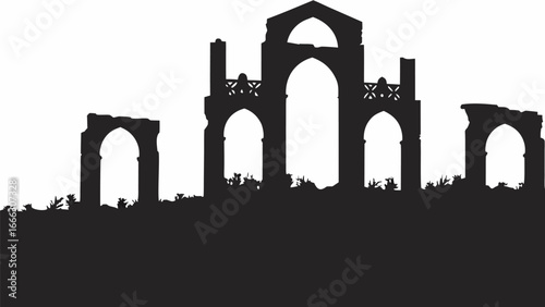 Silhouette of ancient ruins with arches and vegetation against a white background landscape vector art |  editable eps vectors