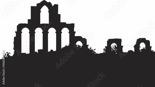 Silhouette of ancient ruins with arches and crumbling structures against a white background landscape view |  editable eps vectors