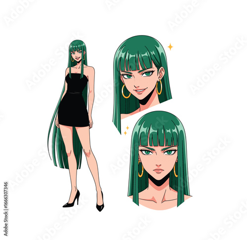Woman with Green Hair, Fashion Character Sheet