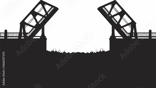 Silhouette of an open drawbridge with a railing and grass along the riverbank in black and white |  editable eps vectors