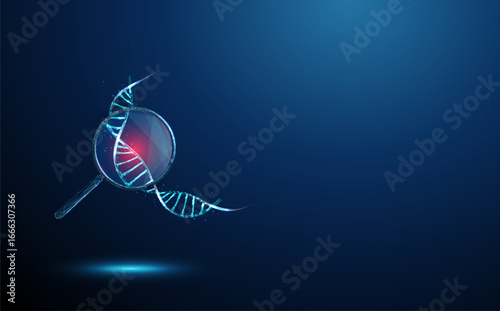 Twisted DNA helix under a magnifying glass with a red spot. Genetic testing, engineering, mutation, diseases, pharmacogenomics, personalized medicine concept.