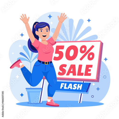 A flat style illustration showing a person cheering on sale offer