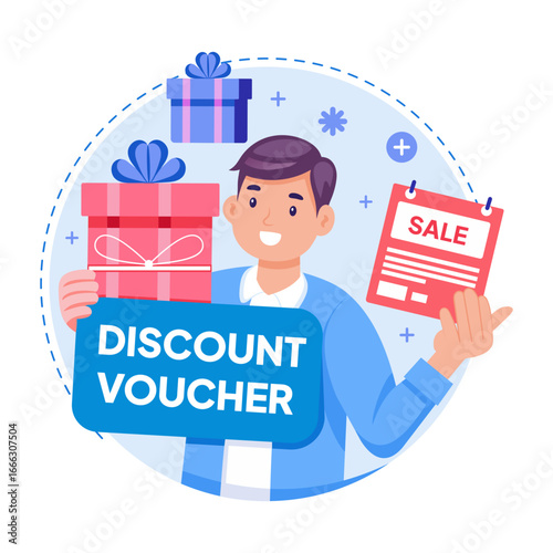 A flat style illustration showing a person holding discount voucher