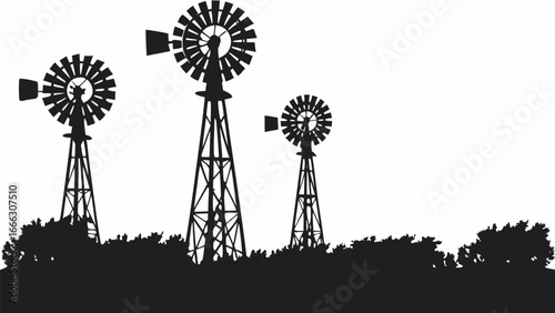 Silhouette of three windmills standing tall above the treeline in a rural landscape on a clear day |  editable eps vectors