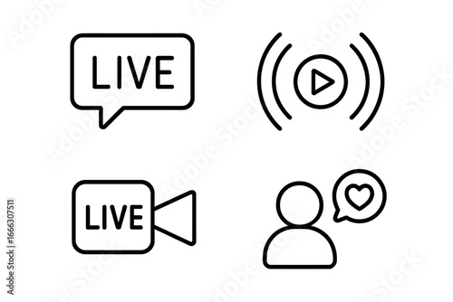 Live Streaming Line Icons Set of 4, Outline Broadcast and Online Engagement Symbols, Video Streaming, Digital Media, Social Interaction, Transparent Vector Illustration
