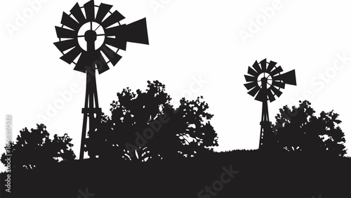 Silhouette of two windmills with bushes and grass in a rural landscape on a white background scene view |  editable eps vectors