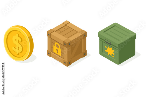 Isometric game economic icons. In-game currency coin, locked wooden loot box and skin crate. Vector for mobile game, ui design, microtransaction, reward or mystery prize.