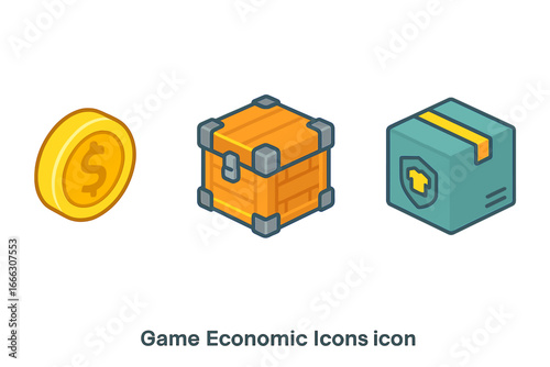 Game economic icons isometric set. In-game economy items, virtual currency coin, loot box crate, and skin crate box. Vector illustration for mobile app, RPG, UI, GUI.