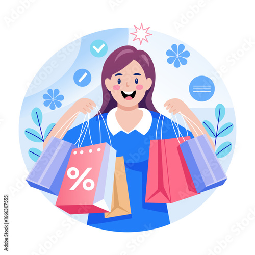 A flat style illustration showing a person holding shopping bags