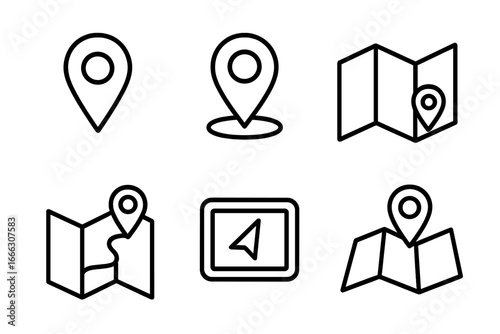 Location and map outline icon set, navigation GPS positioning icons, vector cartoon illustration with transparent background, ordered collection for digital mapping and geolocation