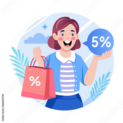 A flat style illustration showing a person enjoying discount offer