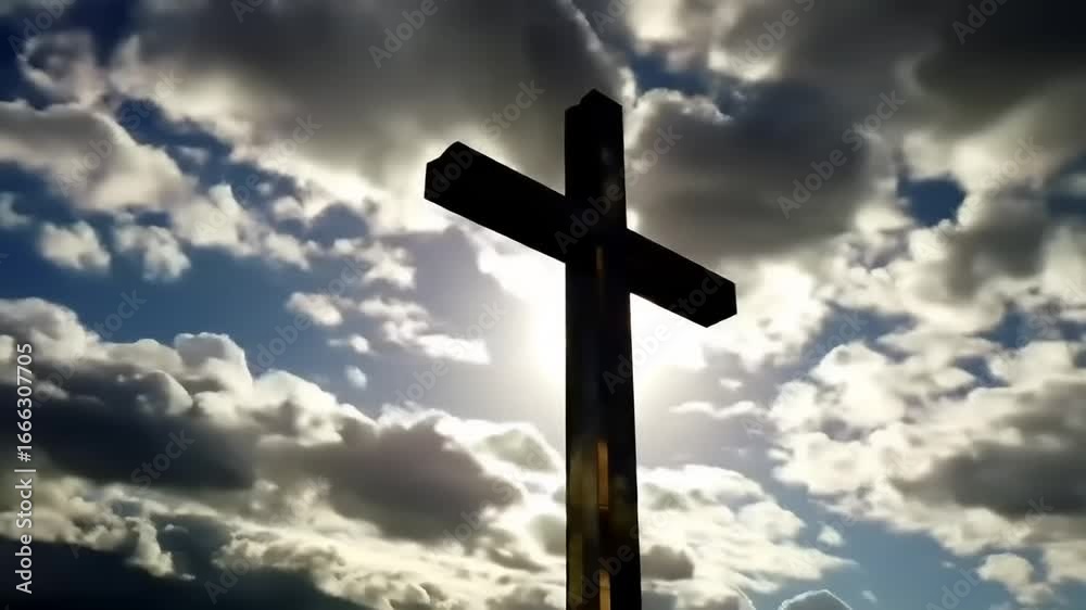 Silhouette of a Cross Against a Dramatic Sky with Clouds and Sunlight, Symbolizing Faith and Hope Silhouette of a Cross Against a Dramatic Sky with Clouds and Sunlight, Symbolizing Faith and Hope