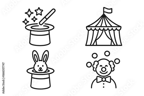Magic and circus linear outline icons set of 4 – wizard hat with magic wand and stars, rabbit in hat, circus tent with flag, juggling clown face, entertainment and festival vector symbols