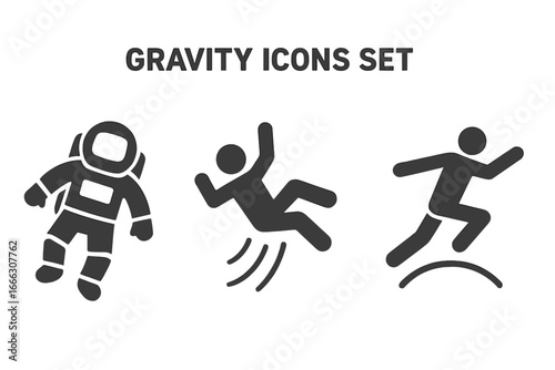 Gravity solid icons set. Vector glyph pictograms of human interaction with physics force. Floating astronaut in zero-g, person falling or slipping, athlete jumping concept.