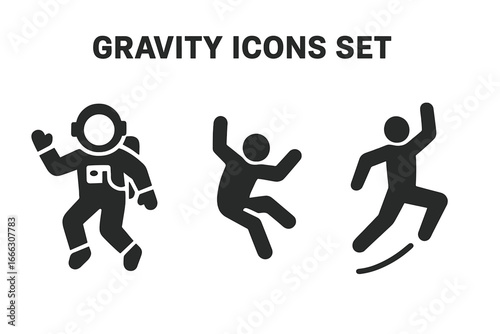 Gravity solid icons set showing human interaction with physics force. Astronaut floating in zero-g, person falling down, and athlete jumping. Vector pictogram collection.