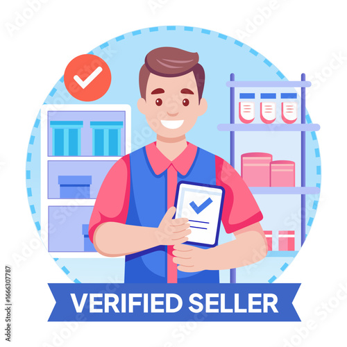 A flat style illustration showing verified seller