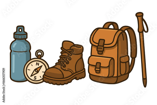 Hiking equipment collection for outdoor adventure. Vector set with boot, backpack, water bottle, compass, and walking stick. Essential gear for camping, trekking, and tourism.