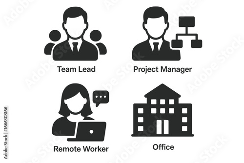 Hybrid work model icon set with team lead, project manager, and remote worker symbols. Business management and corporate organization structure solid glyph pictograms.