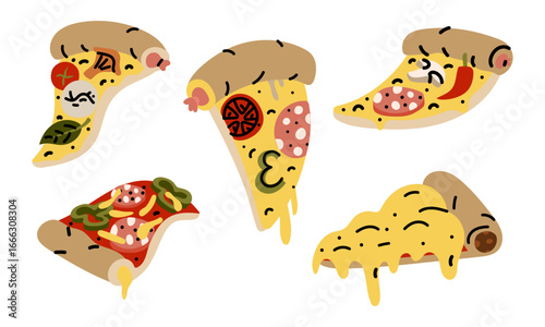 A set of triangular pizza slices with various toppings. A flat color illustration with doodle lines. Cheese, sausage, pepper, tomato, mushrooms, and other food items. Different positions