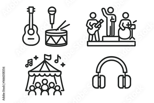 Music and Entertainment Line Icons Set of 4 — Outline Band, Festival Symbols, Acoustic Guitar, Drum, Microphone, Audience Tent, Live Performance, Headphones Vector Illustration