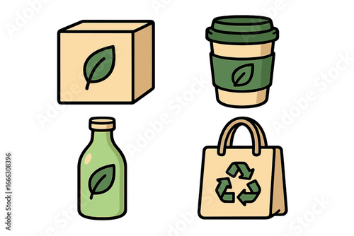 Set of eco-friendly packaging icons for sustainable living. Vector cartoon illustration of reusable cup, bottle, box, and bag with recycle and leaf symbols for zero waste.