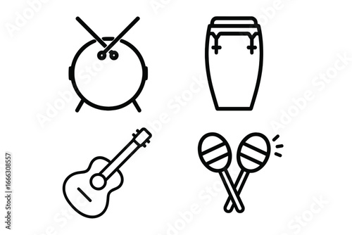 Music instruments icons set in outline style, percussion, rhythm, sound symbols, drum kit, conga drum, acoustic guitar, maracas, vector illustration on transparent background