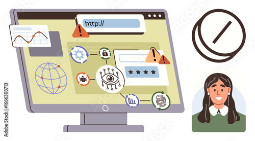 Computer screen displays web security warnings, spyware signs, viral threats, and malware alerts. Ideal for cybersecurity, data protection, online safety, digital privacy, IT issues risk awareness