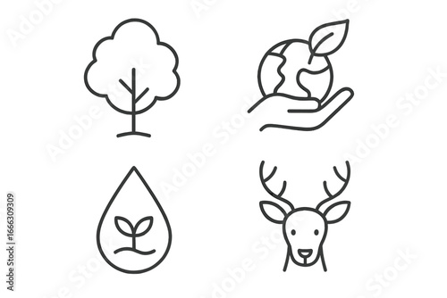 Nature and Wildlife Outline Icon Set of 4, Linear Line Art Environmental Conservation Symbols, Tree, Earth with Leaf, Water Drop with Plant, Deer Head Vector Illustration on Transparent Background