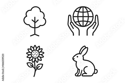 Nature and wildlife outline icons set, 4 linear environmental conservation symbols with tree, globe in hands, sunflower, and rabbit, vector illustration on transparent background