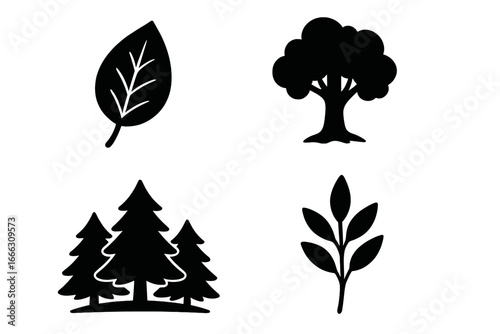 Nature silhouette icon set with leaf, tree, forest, botanical symbols in black vector style, cartoon illustration, transparent background, eco design elements, ordered set 2