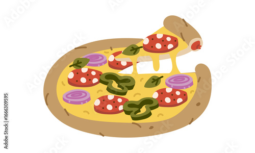 Ready round pizza half sideways with a cut piece stretched up. Special filling. Sausage, cheese, pepper, onion, spinach. Flat color illustration. Fast food, homemade pizza. Marketing for a pizzeria