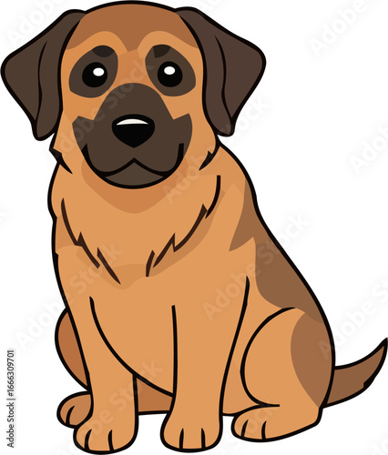 A cute cartoon illustration of a brown and tan puppy sitting patiently on a white background.