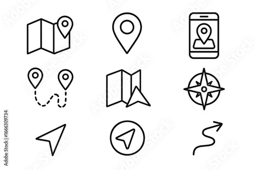 Navigation and location icon set with maps, GPS, direction markers, compass, and route symbols in clean line vector style for travel and navigation apps