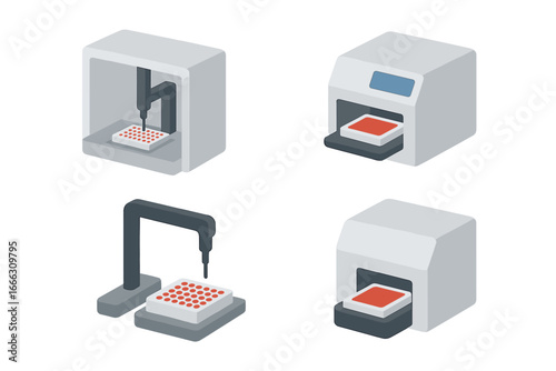 Laboratory automation isometric icon set. Liquid handler, robotic arm, microplate reader for scientific research. Biotech equipment for analysis and medical testing vector.