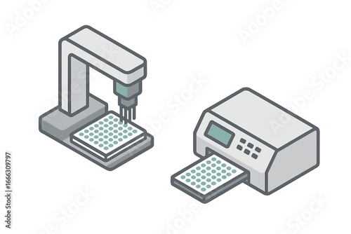 Isometric laboratory automation vector icons. Liquid handler robot arm and microplate reader for high-throughput screening. Science, biotech, and pharma research concept.