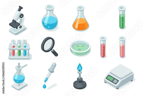 Isometric laboratory equipment icon set. Science, chemistry, and biology research tools. Vector illustration of microscope, flask, test tube, petri dish for medical analysis.